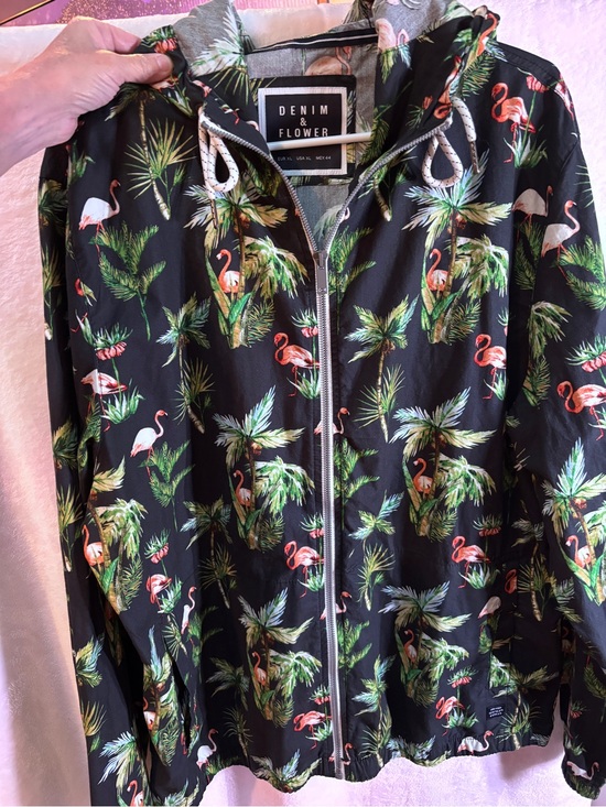 Denim & Flower Jackets & Blazers - Denim & Flower Black Hoodie with Green Palm & Pink Flamingo Print